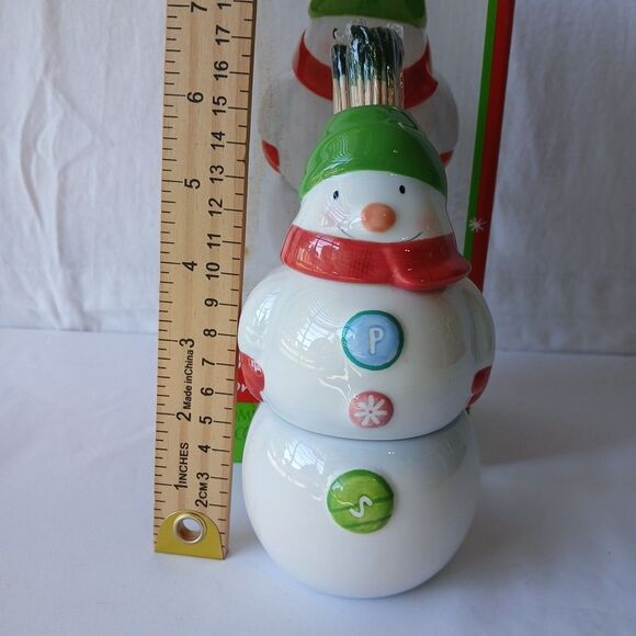Hallmark Stackable Christmas Snowman Salt & Pepper Shakers Toothpick Holder NIB - Picture 5 of 6